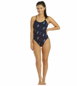 Women's Cascading TYR Print Cutoutfit One Piece Swimsuit -TYR Sales 6663769489576 redwhiteblue 4a