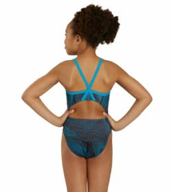 HydroLast Sonar Waves Thin Strap One Piece Swimsuit Youth (22 - 28) -TYR Sales 7595538383016 blue 4a